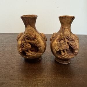 VTG Two Intricately Hand Carved Banko Ware Japanese Miniature‎ Vase House Inside